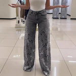 Women's Spring Summer Fashion Hollow Out Lace Splicing Denim Drape Pants Full Length Trousers RT220