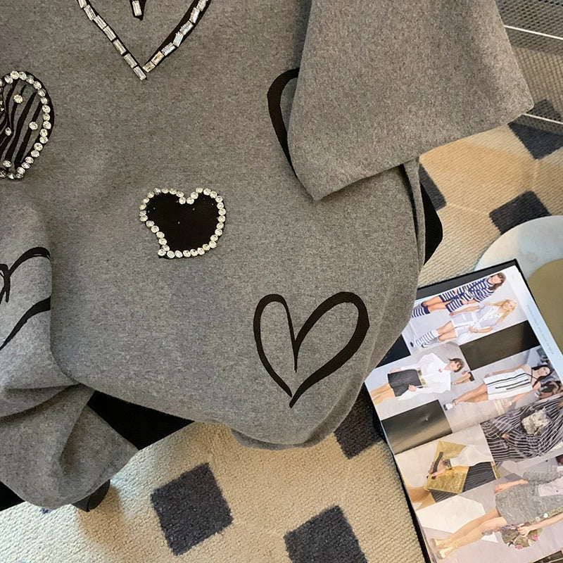 Women Three dimensional Love Ironing Short-sleeved T-shirt 2023 Summer New Casual Fashion Loose Grey Pullover Female RT220