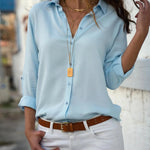 Ladies' Elegant Solid Chiffon Top Summer Casual Long Sleeve V-neck Loose Shirt Office Women's Solid Color Collar Fashion Top RT220