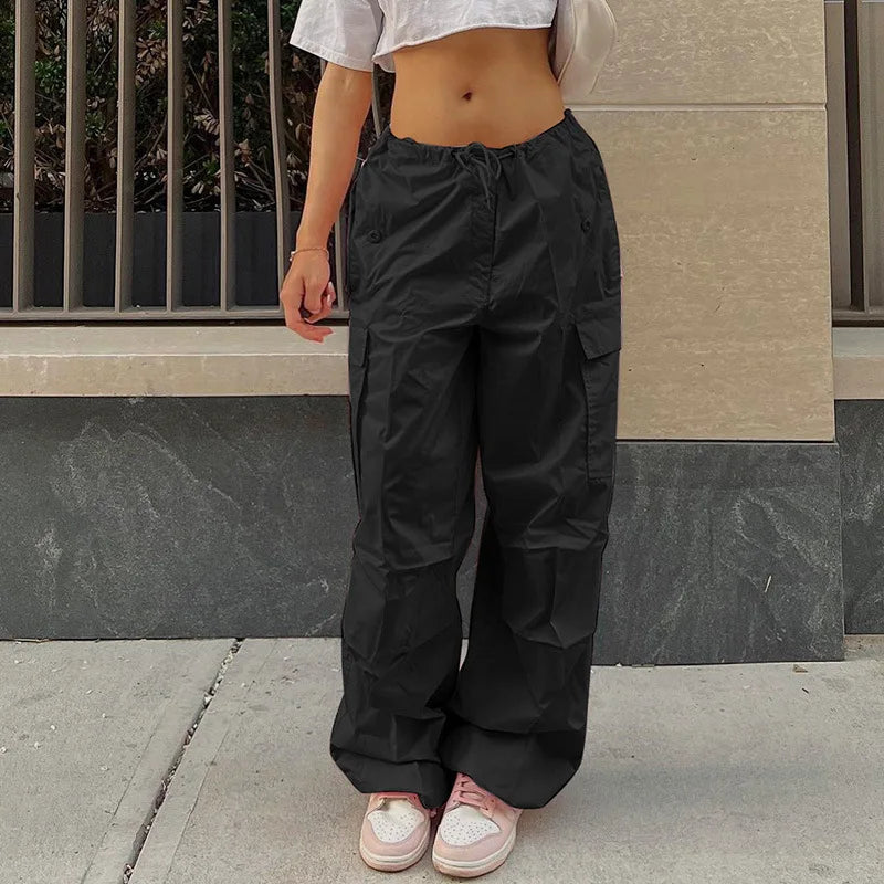 Women Cargo Pants Spring New Streetwear Solid Fashion Pockets Drawstring Trousers Casual Slim Versatile Knitted Lady Cargo Pants RT220