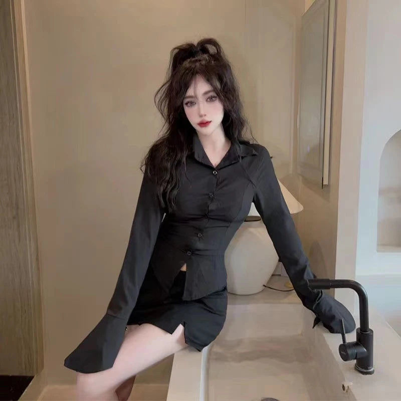 Sexy Slim Bandage Shirts Women Y2K Fashion Lapel Bell Sleeve White Blouses Female Korean Streetwear Spring Buttons Tops New RT220