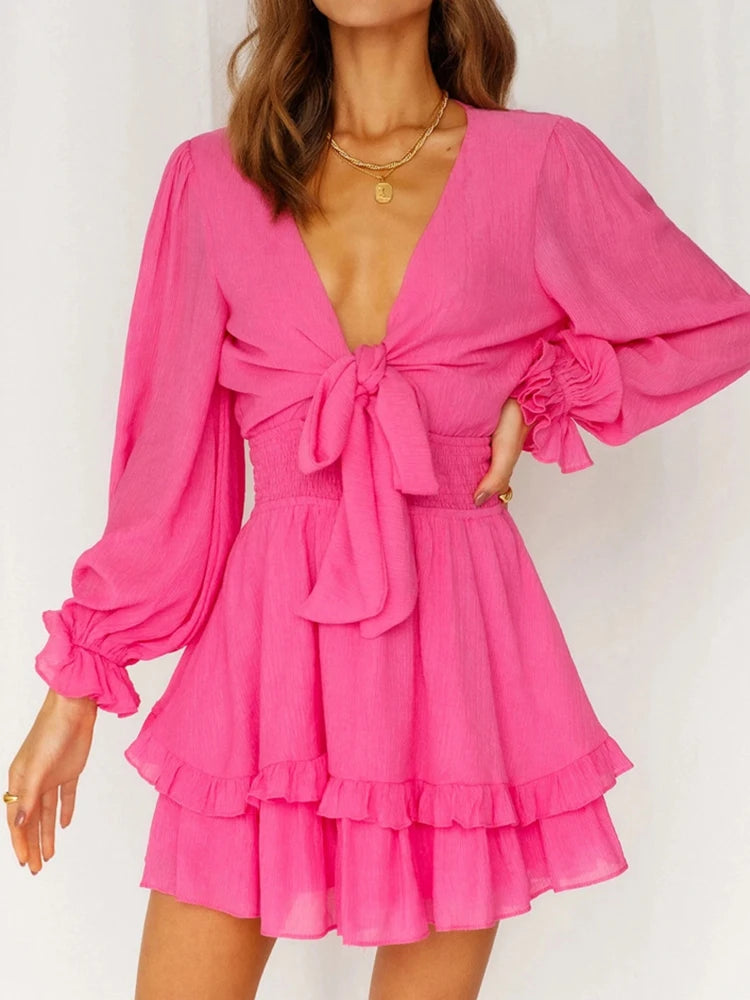 Sexy Cascading Ruffles Women Long Sleeve Mini Dress Deep V-Neck Lace-Up Casual Ladies Party Dress Sweet Streetwear Dropshipping RT220