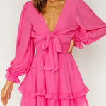 Sexy Cascading Ruffles Women Long Sleeve Mini Dress Deep V-Neck Lace-Up Casual Ladies Party Dress Sweet Streetwear Dropshipping RT220