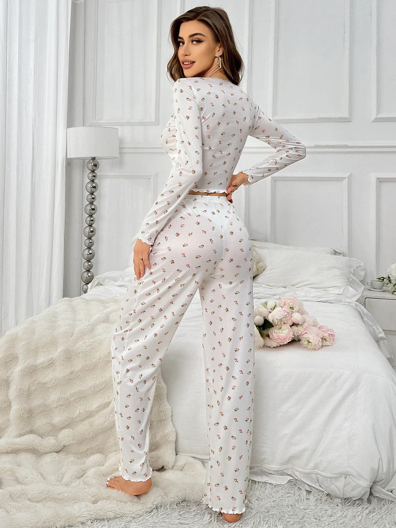 Women's Sleepwear Suit Vintage Floral Print Lettuce Trim Long Sleeve Top and Pant Loungewear Full Sleeve Nightwear Pajamas Set RT220