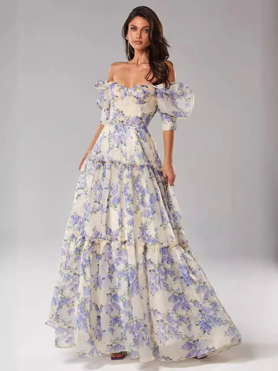 Elegant Floral Print Evening Party Dresses Women Charming A-line Off Shoulder Boat Neck Loose Short Sleeve Prom Gowns Robe Dress RT220