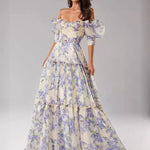 Elegant Floral Print Evening Party Dresses Women Charming A-line Off Shoulder Boat Neck Loose Short Sleeve Prom Gowns Robe Dress RT220