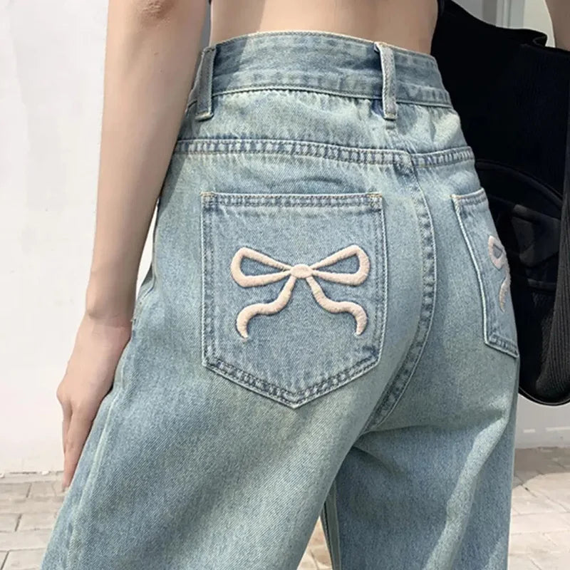 Girls Baggy Straight Leg Y2k Jeans Female Bow Embroidered Back Pocket Denim Pants Classic High Waist Casual Wide Leg Trousers RT220