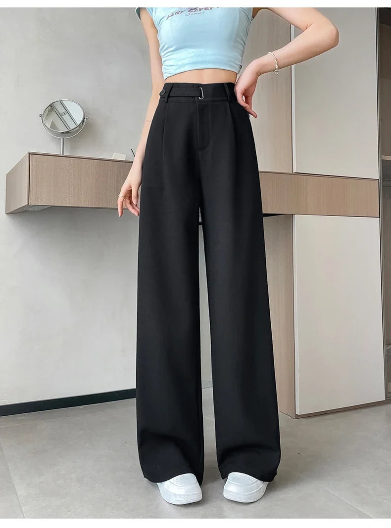 Seoulish Spring Summer Elegant Button Women's Wide Leg Pants 2025 New High Waist Solid Casual Loose Straight Trousers for Womens RT220