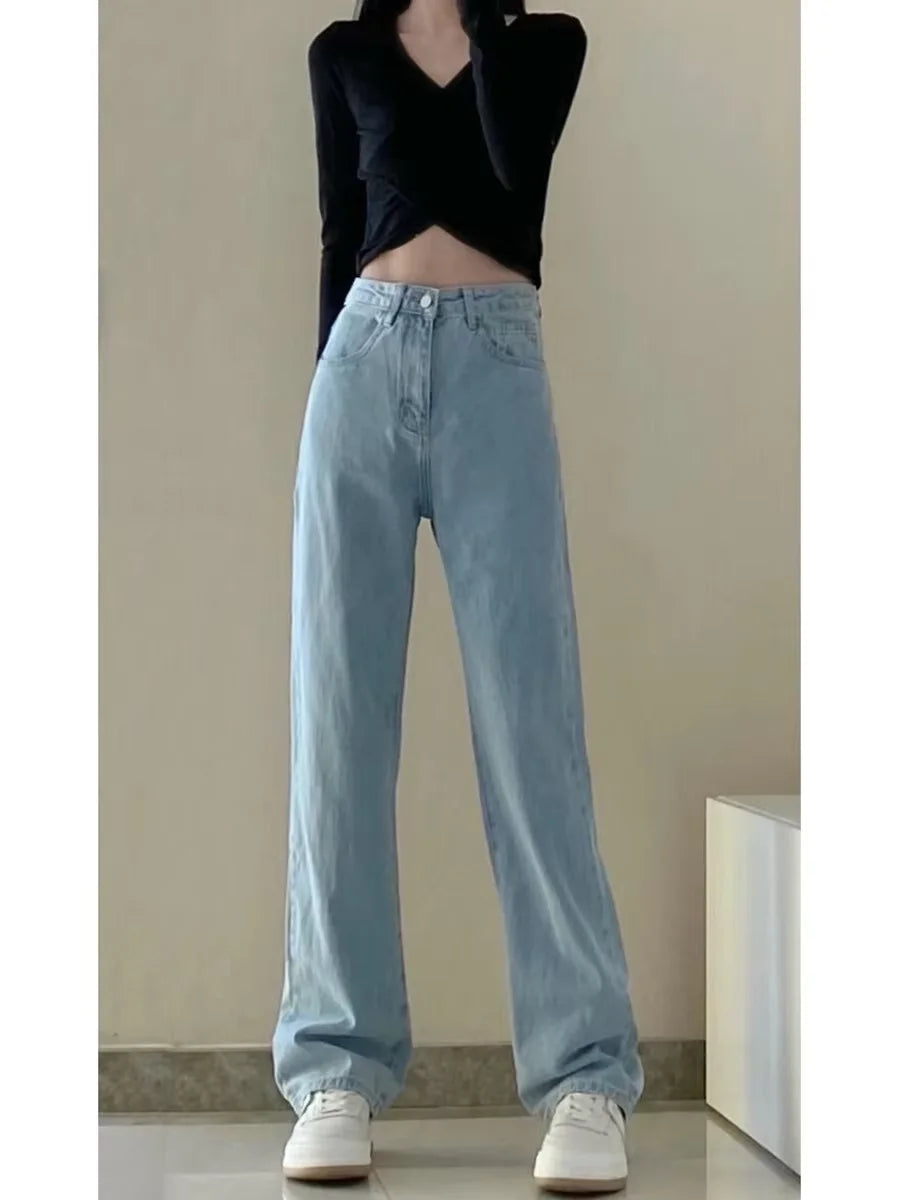 Autumn Spring Jeans Women Denim Pants Vintage Straight Trousers Fashion Female White Black Solid Loose Casual Wide Leg Pants RT220
