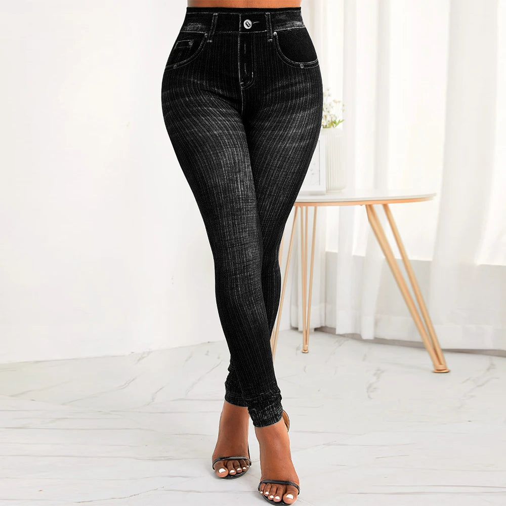 M XXL Faux Denim Leggings Women Clothing Summer High Waist Jeans Oversized Basics Pants Female Casual Slim Trousers RT220