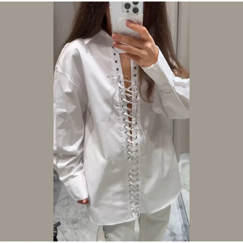 Fashion White Lapel Oversize Long Sleeve Shirts 2025 Spring New Weave Drawstring Blouse Lady Holiday Beach Street Chic Loose Top RT220