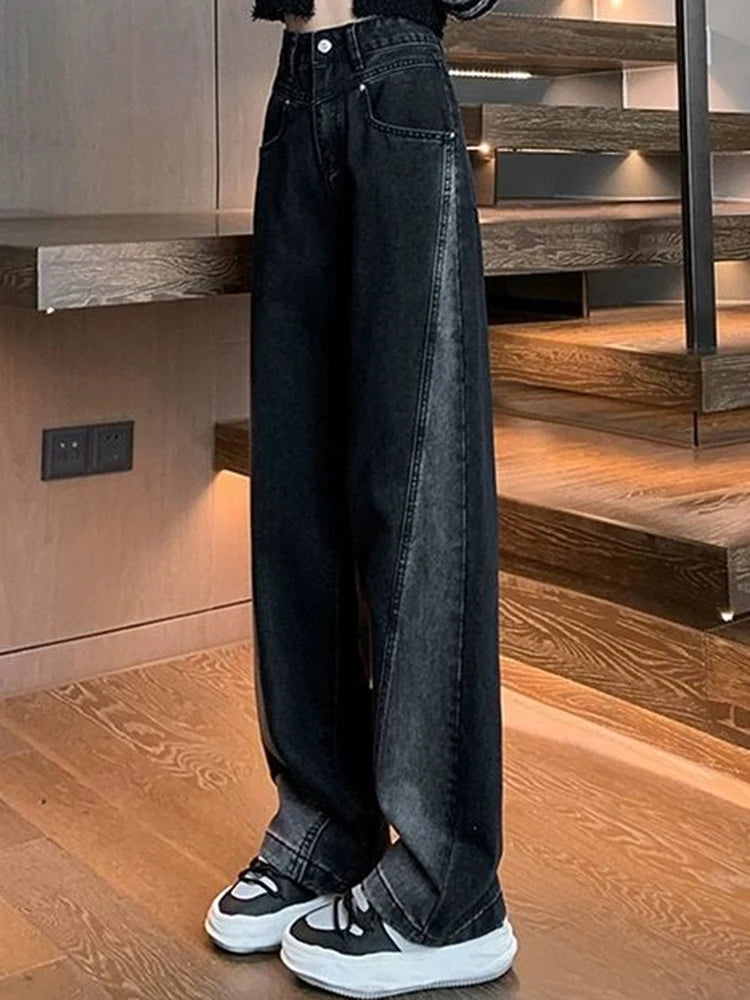 Woman High Waist Jeans Lady American High Street Patchwork Straight Leg Pants Girls Black Gray Contrast Color Wide Leg Trousers RT220