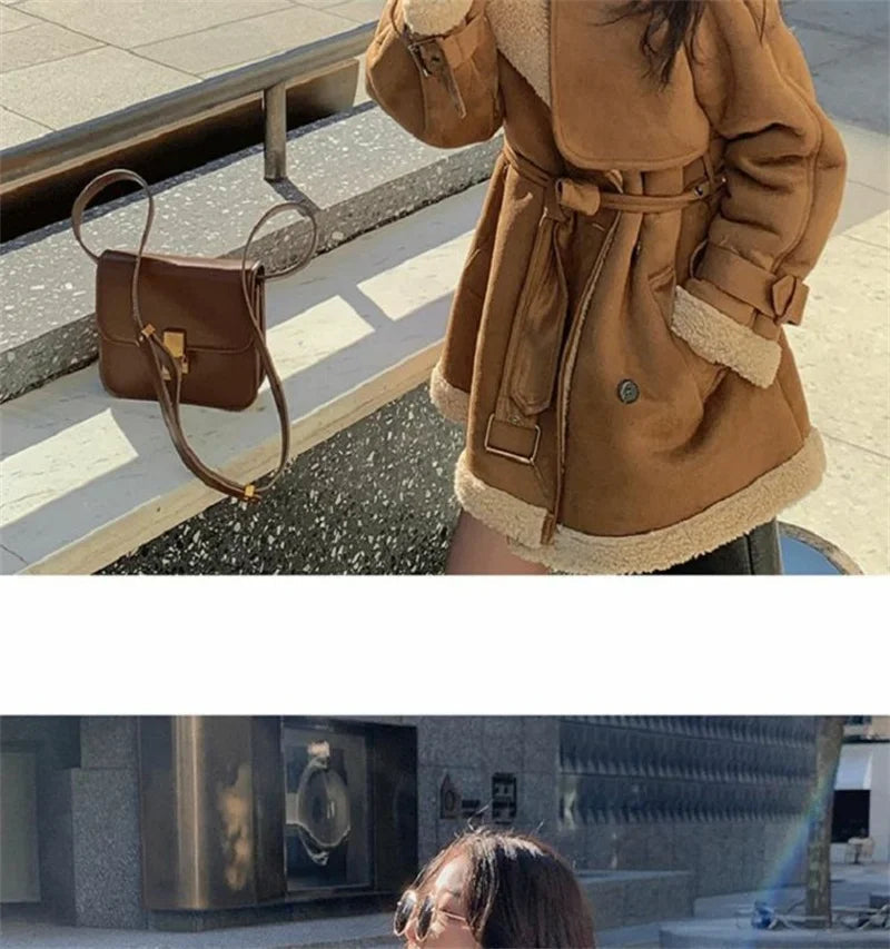 2024 Autumn Winter New Medium Long Double-breasted Lambswool Suede Woolen Coat Women Add Velvet Padded Warm Fur One Woolen Coats RT220