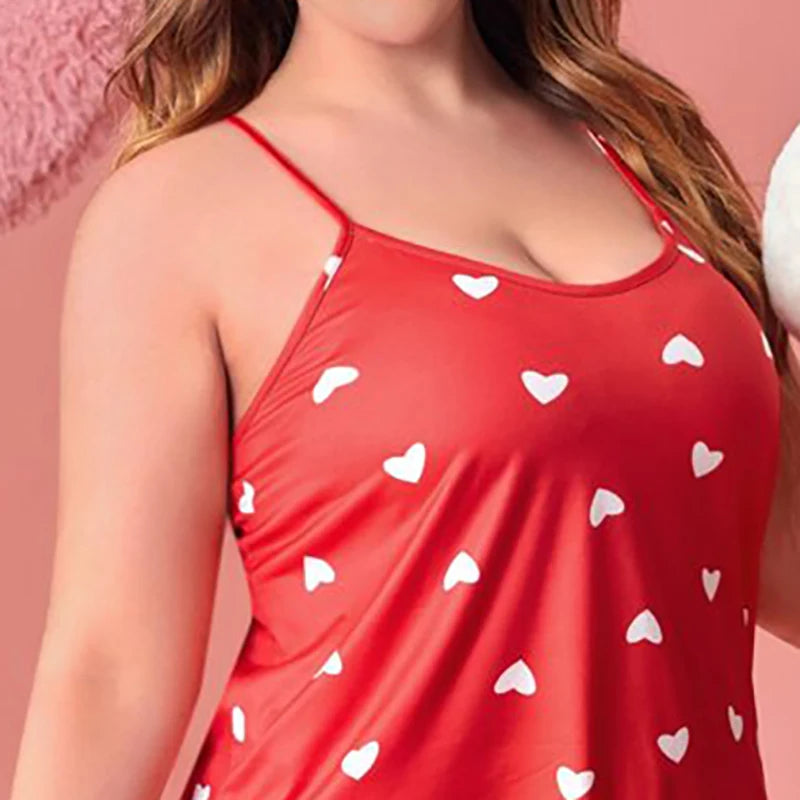 Plus-Size XL-5XL Women Pajama Set Nightgowns Cami Shorts Nightclothes  Sleeveless Nightwear Red Love Print Soft Sleepwear Summer RT220