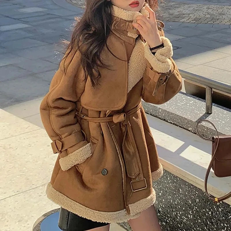 2024 Autumn Winter New Medium Long Double-breasted Lambswool Suede Woolen Coat Women Add Velvet Padded Warm Fur One Woolen Coats RT220