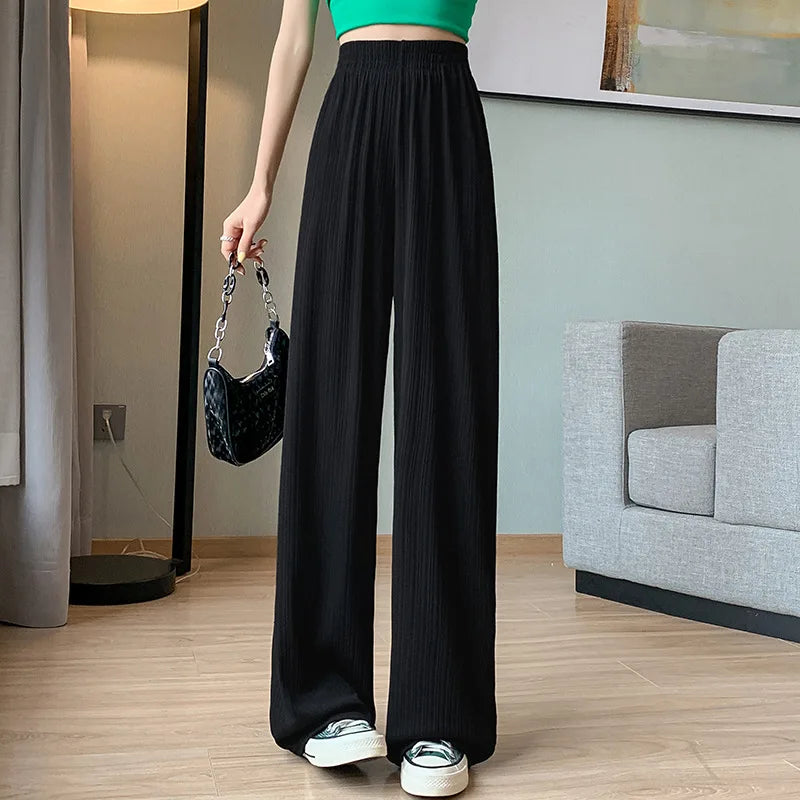Thin Summer Wide-leg Pants Ice Filament Permeability Women Spring  Women Elastic Waist Stright Long Wide Leg Pants Casual Female RT220