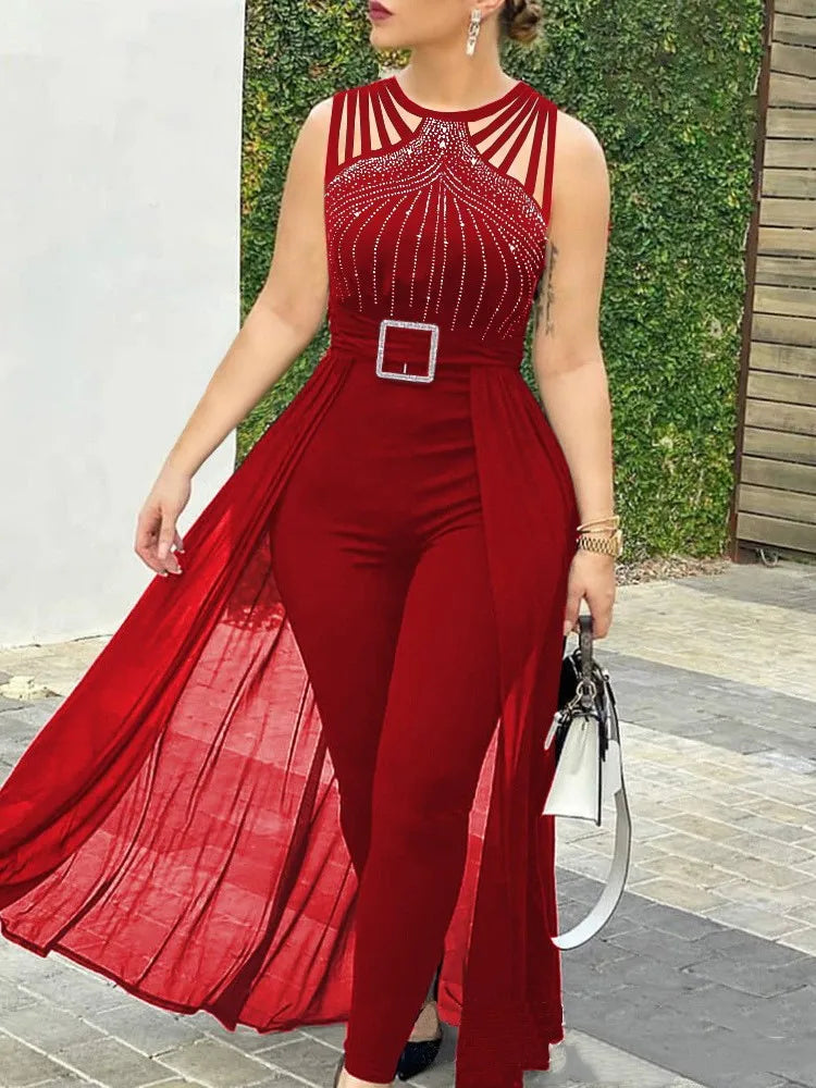 Summer Sleeveless Lace Up Women's Elegant Long Jumpsuit Fashion Hot Drill Waist Mesh Mop Slim Fit Female Party Jumpsuit 2025 RT220