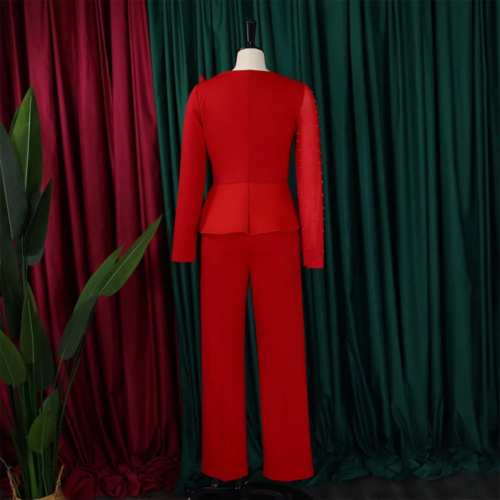 Luxury Jumpsuits & Rompers for Women Round Neck Beaded Transparent Sleeve High Waisted Elegant Female Birthday Party Overalls RT220