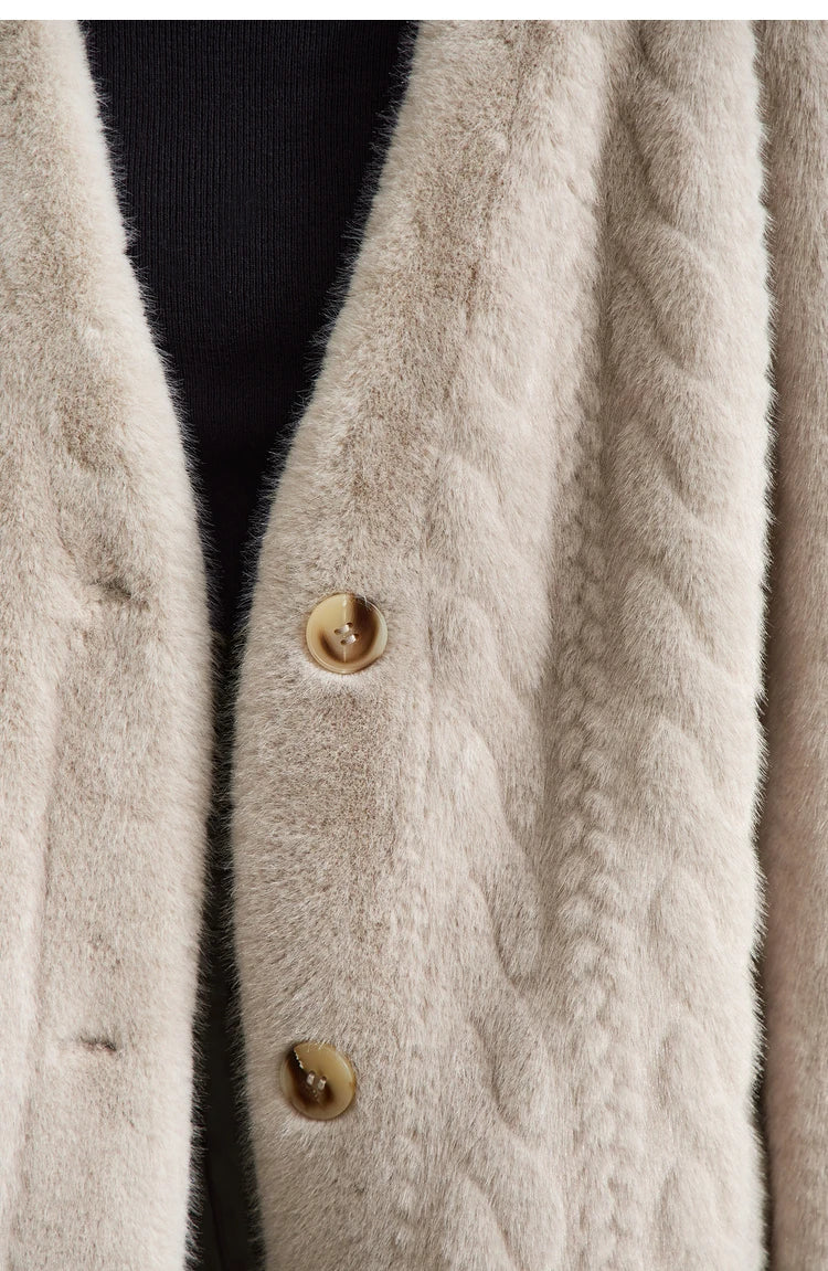 Women Fur Cardigan Thickened Long2025Spring And Autumn V-neck Jacket Female Loose Simple Leisure With Buttons Faux Fur Mink Coat RT220