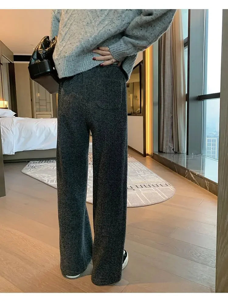Women Pants Autumn Winter Thickening High Waisted Wool Wide Leg Pants Women Fashion Chevron Lengthening Leg Opening Floor Length RT220