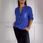 Casual Loose Sequins Patchwork Shirt Blouse Women Fashion Button Long Sleeve Shirts For Women Spring Autumn Pocket Tops Femme RT220
