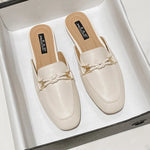 New Summer Fashion Metal Buckle Woman Shoes Half-drag Muller Shoes Women Wear Flat Slippers And Leather Toe-covered Sandals RT220