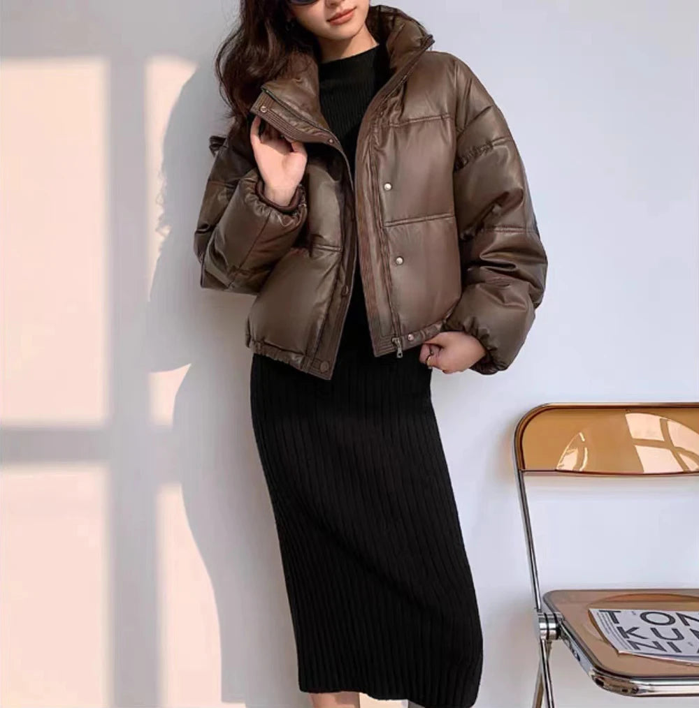 Women Leather Down Jacket Winter 2025 High End Genuine Sheepskin Down Coat Outdoor Thicked Warm Short Puffer Jacket Streetwear RT220