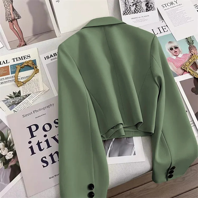 Korean Cropped Blazers Women Autumn Solid Color Simple Single-button Outwear Teens All-match Long Sleeve Office Lady Suit Jacket RT220
