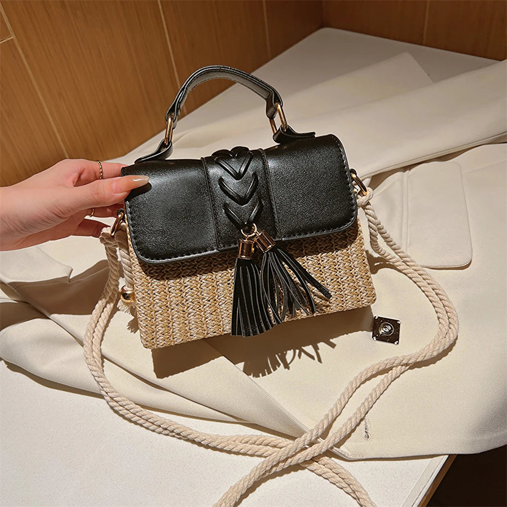 MOODS Straw Beach Bag For Women 2023 Summer New Luxury Designer Handbags Hit Color Tassels Shoulder Crossbody Box Bag Sac A Main RT220