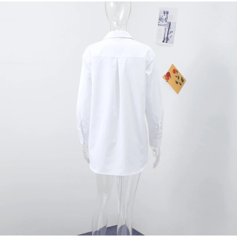 Fashion White Lapel Oversize Long Sleeve Shirts 2025 Spring New Weave Drawstring Blouse Lady Holiday Beach Street Chic Loose Top RT220