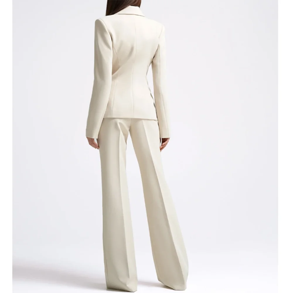 Office Lady Fashion Beige Women Suits One Button Peak Lapel 2 Piece Jacket Pants Slim Fit Smart Causal Conjuntos De Pantalones RT220
