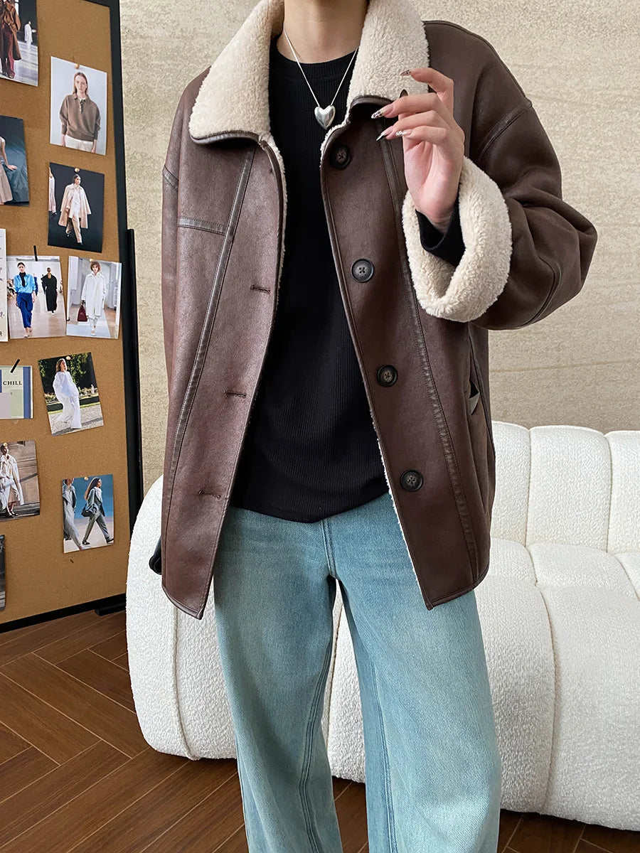 [LANMREM] Faux Fur Thick Warm Coats Lapel Single Breasted Office Lady Elegant Female Outwear Fashion 2025 Winter New 26C1095 RT220