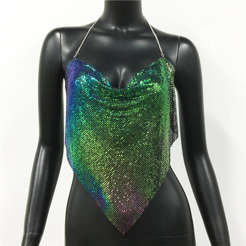 New Sexy Backless Metal Sequined Solid Camis Sleeveless Halter Hollow Out V Neck Adjustable Chain Women Nightclub Crop Tops RT220