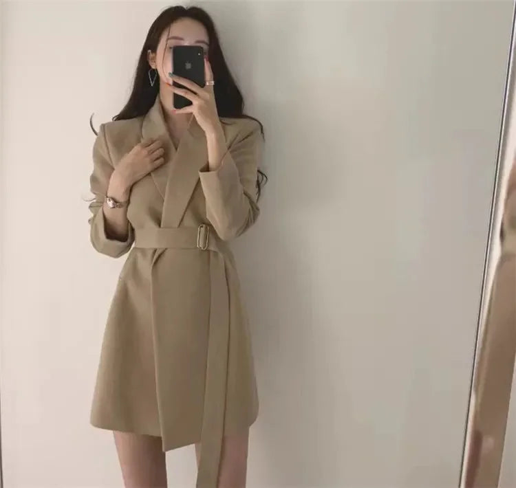New 2025 Spring Summer Mid-length Small Thin Suit Vintage Belt Korean Fashion Casual Temperament Blazers for Women Clothing RT220
