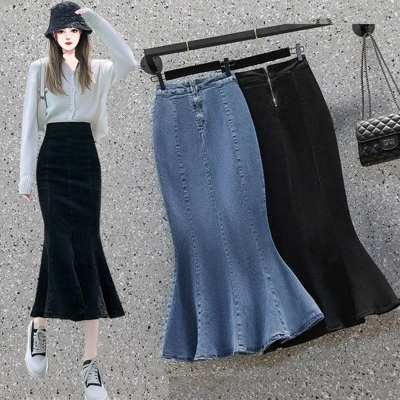 Rimocy High Waist Mermaid Denim Skirt Women Summer Trumpet Split Long Skirts Woman Korean Style Hip-Wrap Flare Middle Skirt RT220
