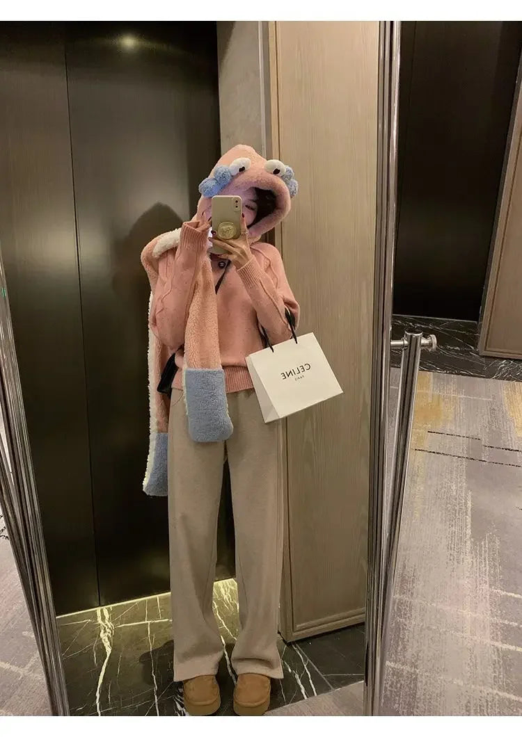 Women Pants Autumn Winter Thickening High Waisted Wool Wide Leg Pants Women Fashion Chevron Lengthening Leg Opening Floor Length RT220