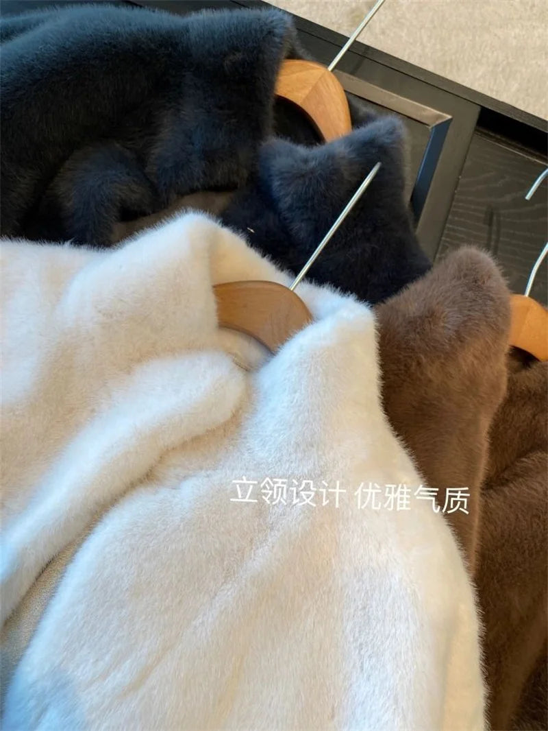 2024 Women Solid Color Stand Collar Mink Fur Top Female Long Sleeves Fox Fur Jacket Spring Autumn Lady Short Leather Fur Outwear RT220