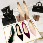 Western Style Fashion Simplicity Party Women Shoes 4.5cm Thin Heels Mid-heels Shallow Pointed Toe Flock Ladies Shoes Wine Red RT220