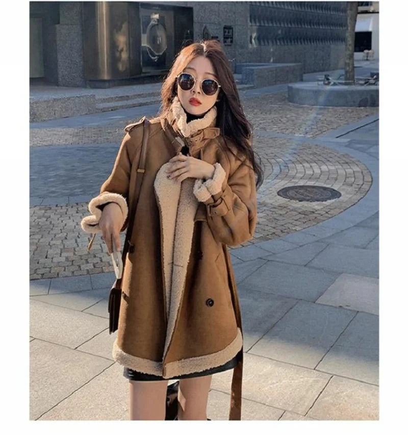 2024 Autumn Winter New Medium Long Double-breasted Lambswool Suede Woolen Coat Women Add Velvet Padded Warm Fur One Woolen Coats RT220