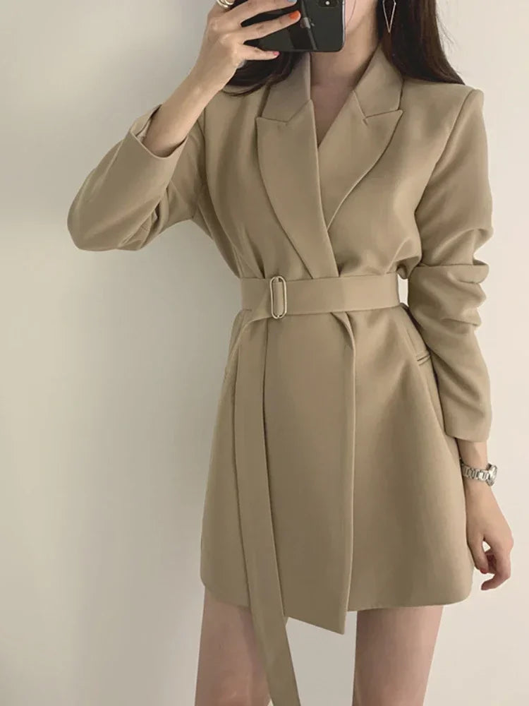 New 2025 Spring Summer Mid-length Small Thin Suit Vintage Belt Korean Fashion Casual Temperament Blazers for Women Clothing RT220