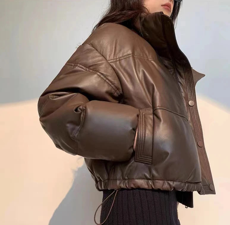 Women Leather Down Jacket Winter 2025 High End Genuine Sheepskin Down Coat Outdoor Thicked Warm Short Puffer Jacket Streetwear RT220