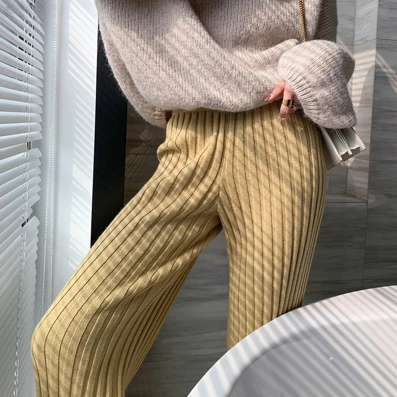 Autumn Winter Casual Thick Knitted Pant Women Long Trousers Elastic High Waist Kniting Wide Leg Pants Striped Pantalon RT220