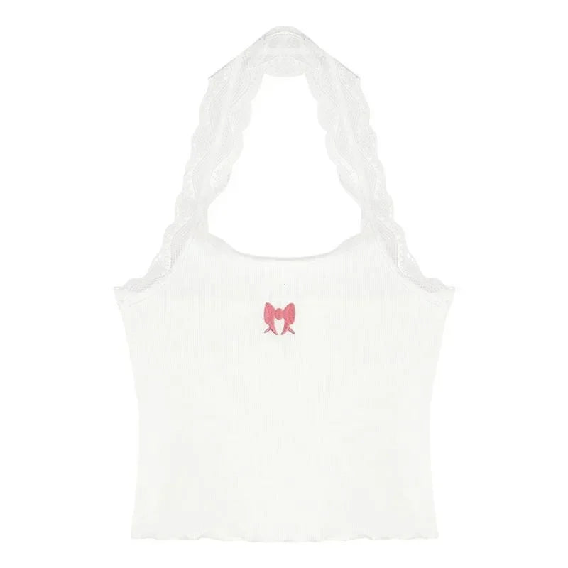 2025 Y2k Halter Top Crop Top Women's Lace Embroidery Butterfly Graphics Tank Top Ladies Sexy Vest Female Coquette Summer Clothes RT220