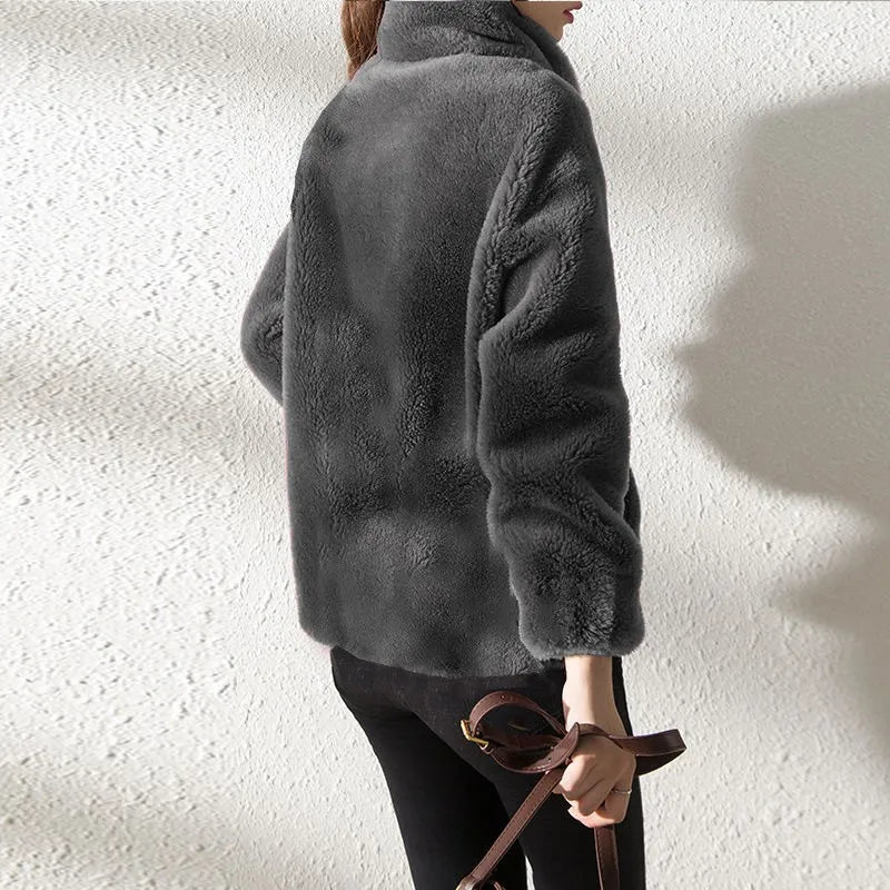 Women Autumn Winter Faux Fur Coats Zipper Cardigan Plush Thick Warm Coat Loose Oversized Outerwear Female Coral Fleece Overcoat RT220