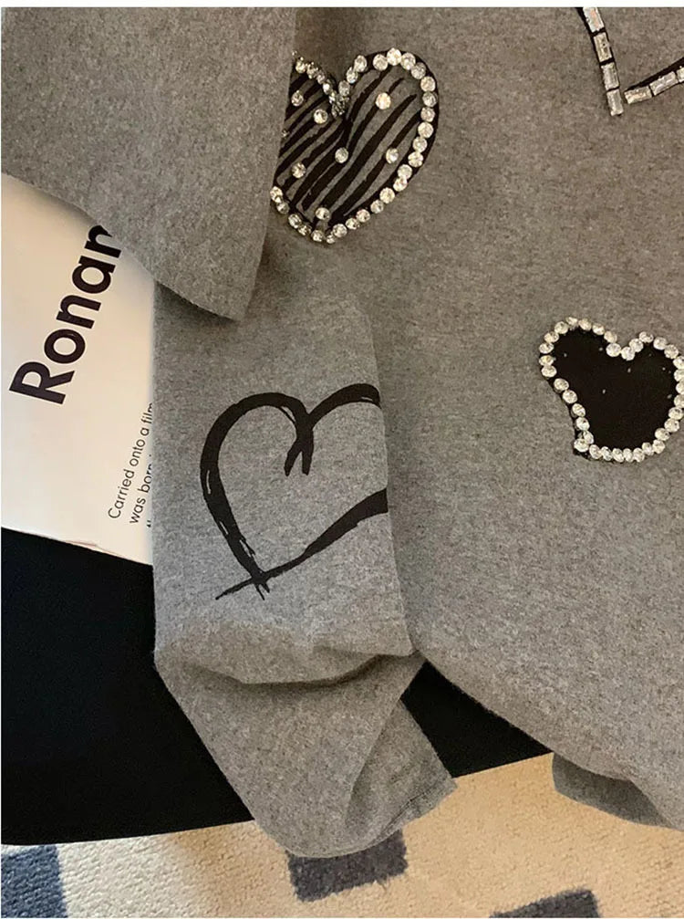 Women Three dimensional Love Ironing Short-sleeved T-shirt 2023 Summer New Casual Fashion Loose Grey Pullover Female RT220