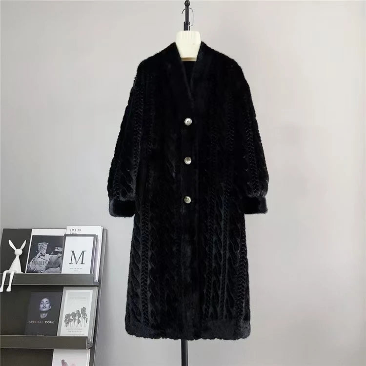 Women Fur Cardigan Thickened Long 2024Autumn Winter V-neck Jacket Female Loose Simple Leisure With Buttons Casual Faux Fur Coat RT220