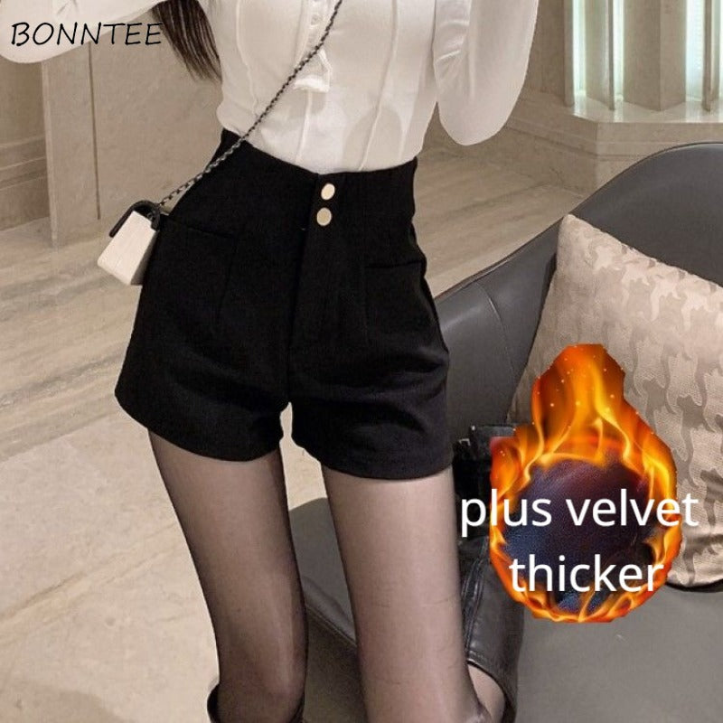Plus Velvet Thicker Shorts Women Korean Style All-match Sexy Kpop High Waist Autumn Winter Club Streetwear Fashion Solid Buttons RT220