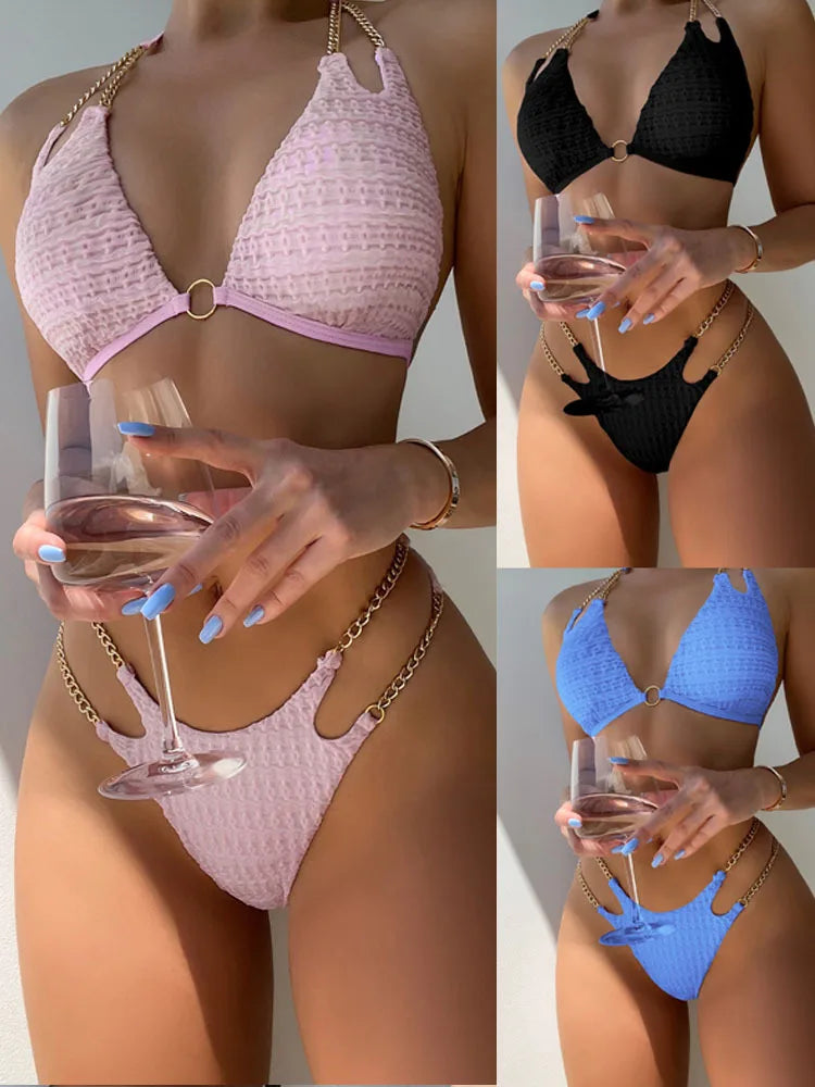 sexy wrinkled metal chain halter bikinis sets two pieces 2024 women thong swimsuit female bathing suit swimwear biquini RT220