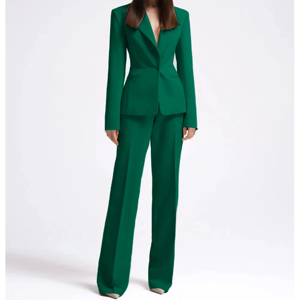 Office Lady Fashion Beige Women Suits One Button Peak Lapel 2 Piece Jacket Pants Slim Fit Smart Causal Conjuntos De Pantalones RT220