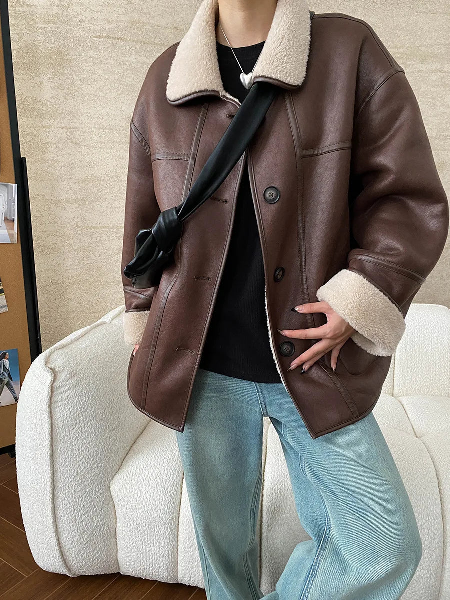 [LANMREM] Faux Fur Thick Warm Coats Lapel Single Breasted Office Lady Elegant Female Outwear Fashion 2025 Winter New 26C1095 RT220